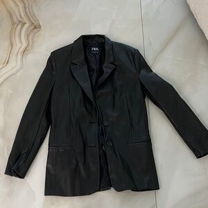 Zara Black Faux Leather Blazer with Notch Collar